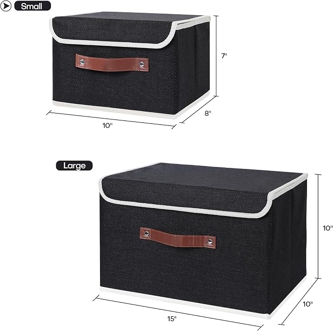 ANMINY 2PCS Storage Bins with Lid PU Leather Handles Storage Boxes PP Plastic Board Decorative Foldable Lidded Cotton Linen Fabric Home Cubes Baskets Closet Organizer Containers - Black, Large Size - Image 5