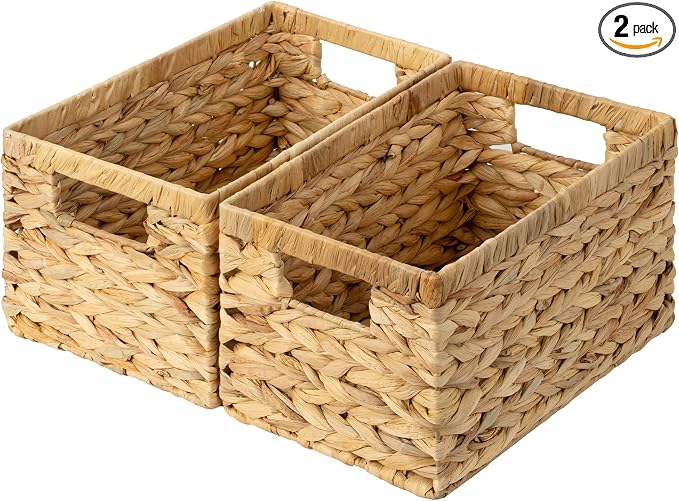 GRANNY SAYS Wicker Storage Baskets for Shelves, Wicker Baskets for Organizing, Water Hyacinth Woven Basket for Storage, Rectangle Basket for Pantry, Laundry, 2-Pack by GRANNYSAYS