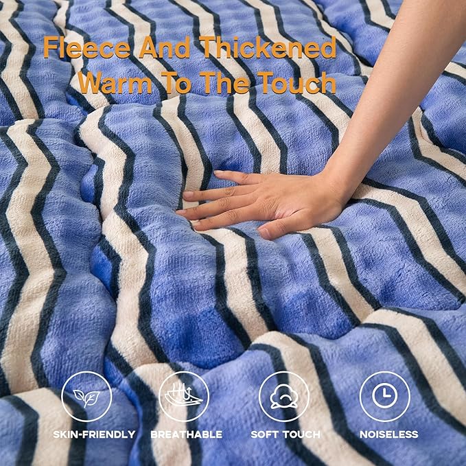 King Mattress Pad 78 x 80 inches, King Size Mattress Cover Warm Thicken Velvet Breathable and Comfortable with 4 Elastic Band, Deep Pocket Stretchable up to 15 inches Washable, Blue W Stripes