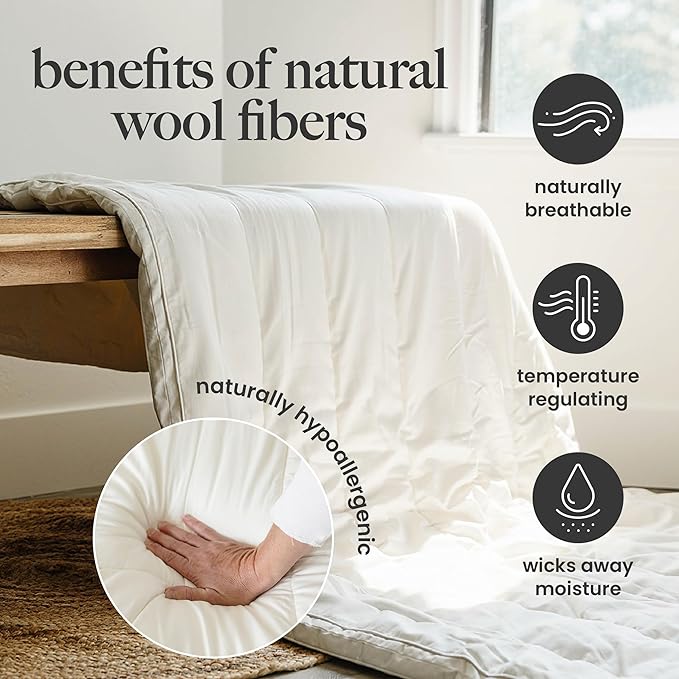 Woolino Wool Mattress Topper, Oeko-TEX Standard 100, Merino Wool Fill, Organic Cotton Sateen, Natural Temperature Regulating, Cooling, Pressure Relief, 1.2 in, King Size 76 x 80 in