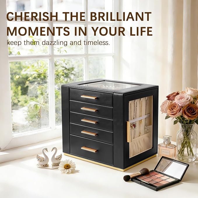 Homeanda Jewelry Box for Women with Glass Lid, 5 Drawers Jewelry Organizer and Storage for Necklaces, Rings, Earrings, Bracelets, Gift for Girls and Teens,PU Leather (Black) - Image 7
