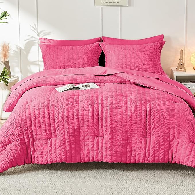 HYMOKEGE Hot Pink Twin XL Comforter Set Seersucker 5 Pieces, All Season Luxury Bed in a Bag for Bedroom, Bedding Set with Comforter, Sheets, Pillowcase & Sham
