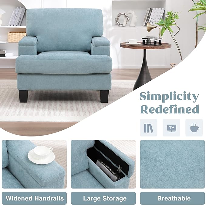 Oversized Accent Chair with Storage Armrest, Modern Upholstered Reading Living Room Chairs, Comfy Large Armchair, Fabric Single Sofa Chair for Bedroom (Green)
