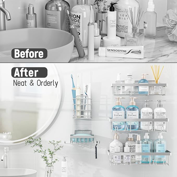 Liuoud 10 Pack Shower Caddy Organizer Rack Shelf for Inside Shower, Self Adhesive Wall Storage Basket Rustproof Stainless Steel Shampoo Holder Bathroom Accessory Decor Set, Silver - Image 7
