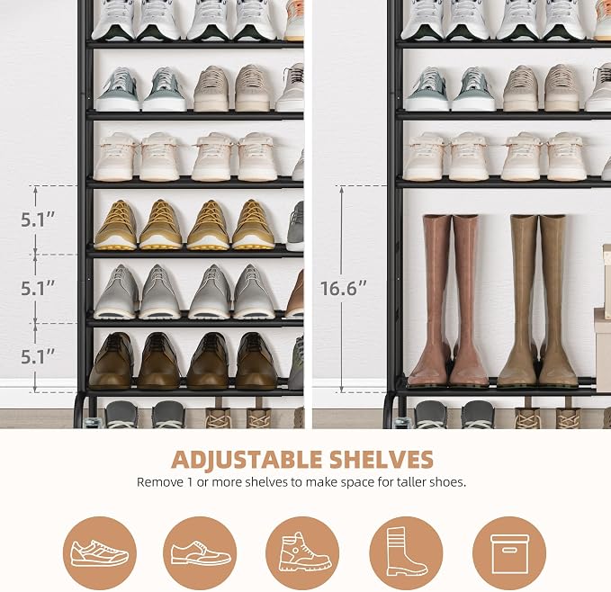 STORAGE MANIAC 10-Tier Expandable Shoe Rack, 44 Pairs Tall Vertical Shoe Rack, Heavy-Duty Metal Adjustable Shoes Organizer for Closet, Entryway, Hallway, Garage, Front Door, Shoes Shelves, Black - Image 4