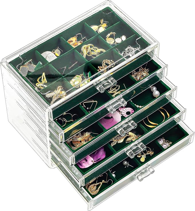 ProCase Earring Holder Organizer Jewelry Box with 5 Drawers, Acrylic Clear Earring Case with Adjustable Velvet Trays for Women - Emerald, 5 Layers by ProCase