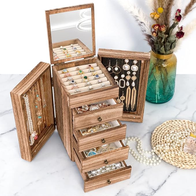 Meangood Jewelry Box Wood for Women, 5-Layer Large Organizer Box with Mirror & 4 Drawers for Rings, Earrings, Necklaces, Vintage Style, Torched Wood - Image 2