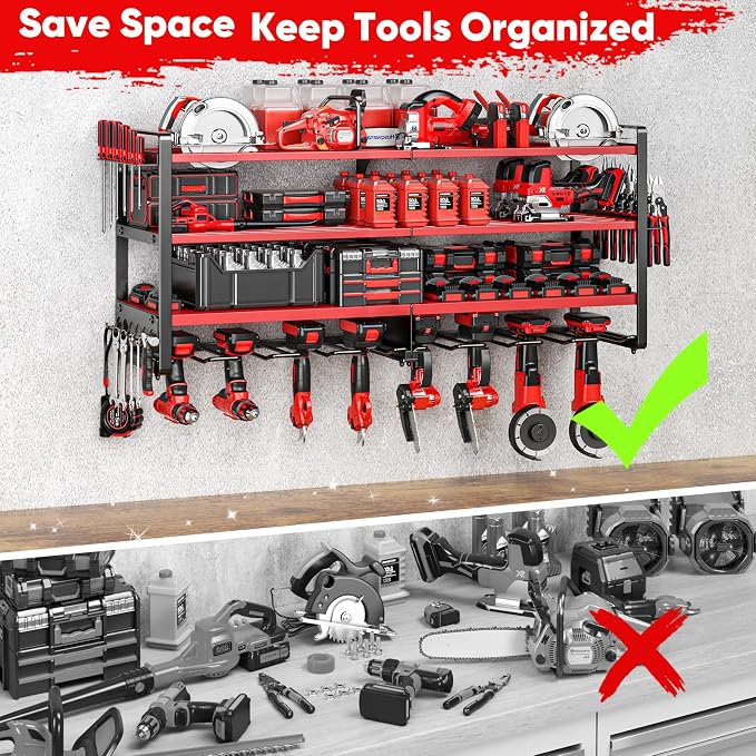 POKIPO Upgrade Large power tool organizer Wall Mount,4 Layers Heavy Duty Metal Loads 400lbs Power Tool Hanger Shelf Battery Storage with 8 Cordless Drill Bit Holder,Utility Racks for Garage Tool Room - Image 5