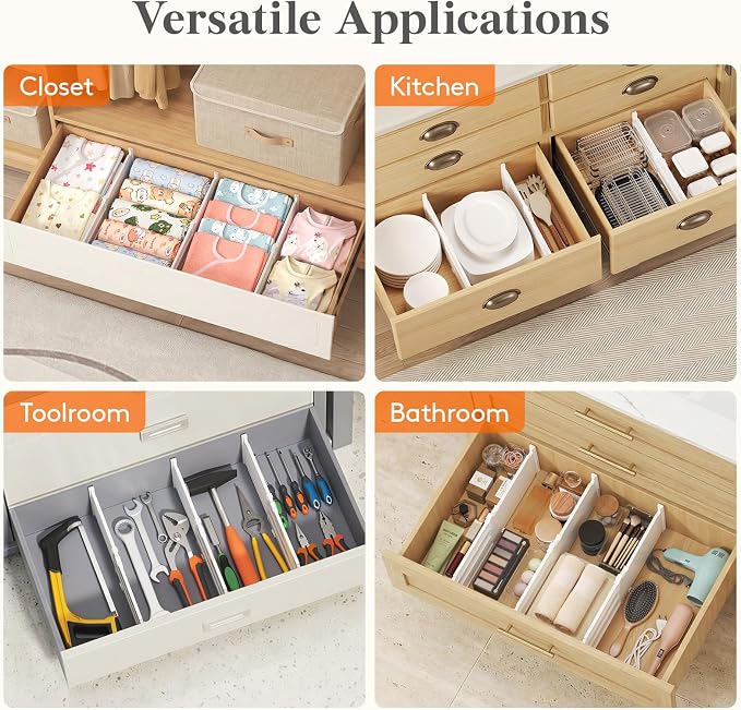 Lifewit 6" Tall 5 Pack Drawer Dividers, 30-47cm/11.5-18.5" Expandable Drawer Divider for Clothes, Adjustable Dresser Drawer Organizers, Drawers Separators for Dresser/Bathroom/Closet/Kitchen White - Image 7