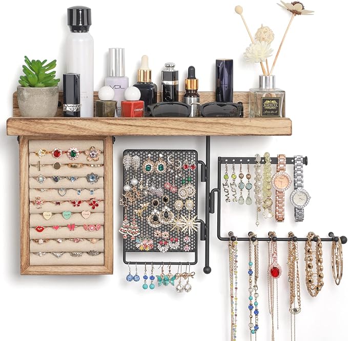 SOLIMINTR Hanging Jewelry Organizer Wall Mount with Rustic Wood Shelf, Ring Display Box, Ear Studs Earring Holder, Rotating Necklace Holder Organizer by SOLIMINTR