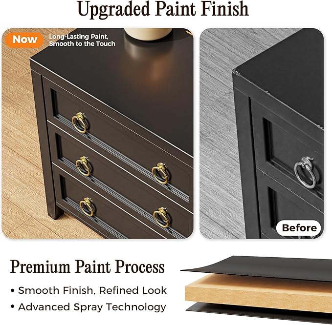Huuger 23.6 Inch Night Stand with Charger Station and USB-C Port, 3 Drawer Nightstands Set of 2, Larger Wider Bedside Table, Modern End Table, for Bedroom, Black Nightstand