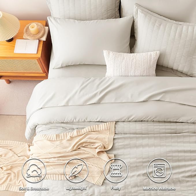 CozyLux Twin XL Comforter Set with Sheets Seersucker Beige 5 Pieces Bed in a Bag, Twin Extra Long Luxury Soft Bedding Sets for College Dorm with Down Alternative Comforter, Sheets, Pillowcase & Sham