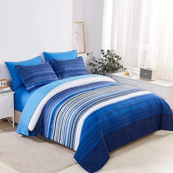 KAKIJUMN 7 Piece Bed in a Bag Stripe Comforter Set Queen Size, White and Blue Patchwork Striped Comforter and Sheet Set, All Season Soft Microfiber Complete Bedding Sets(Blue,Queen)