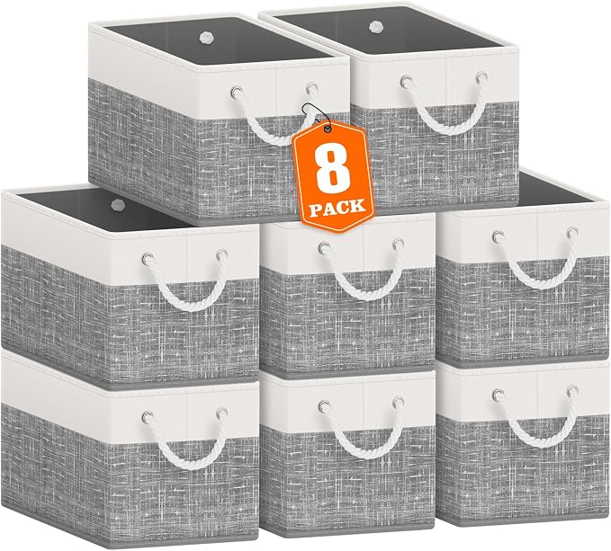 Fab totes Storage Bins [8-Pack], Foldable Storage Baskets for Organizing Toys, Books, Shelves, Closet, Large Storage Box with Rope Handles, Sturdy Organizer Bins, White & Grey by Fabtotes