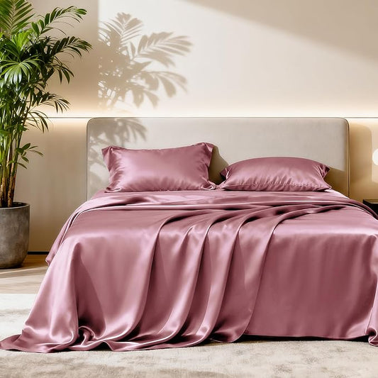 Love's cabin Twin Satin Sheets Sets - 3 Piece Rose Taupe Silky Bed Sheets with Deep Pockets, Luxury Silk Feel Satin Twin Size Sheet Set Bedding Set (1 Flat Sheet,1 Fitted Sheet,1 Pillow case)