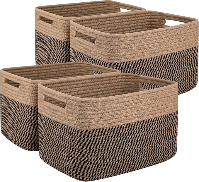 OIAHOMY 4 Pack Storage Baskets for Organizing, Basket for Shelves with Handle, Woven Baskets for Storage Toys, Towels, Books, Cotton Rope Basket 13" L x 9 " W x 7.8 " H, Brown & Black by MasterofSpaceOptimization