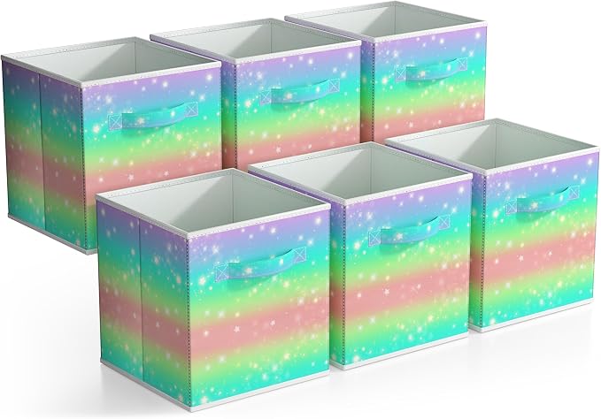 Sorbus 11 Inch Fabric Storage Cubes - Sturdy Collapsible Storage Bins & Handle - 6 Foldable Baskets for Organizing Clothes - Multi Colored Storage Baskets for Shelves (Colorful With Stars, 11 Inch) by Sorbus