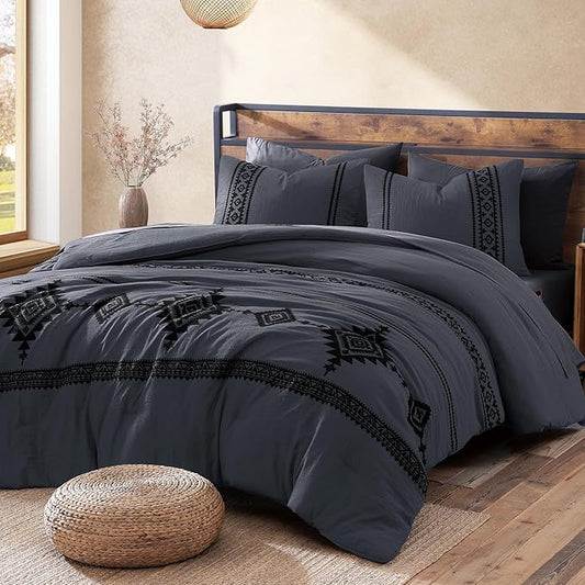 MaiRêve Embroidery Queen Size Comforter Set Crown Blue, Boho Farmhouse Western Bedding Set 7 Pieces, All Season Bed in A Bag Comforter Set with Sheets, Pillowcases & Shams