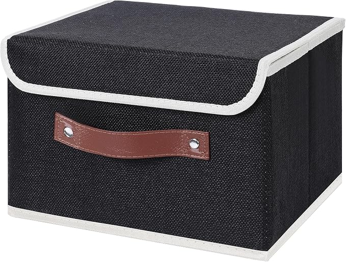 ANMINY Storage Bin with Lid Storage Boxes with PU Leather Handles PP Plastic Board Decorative Foldable Lidded Cotton Linen Fabric Home Cubes Baskets Closet Organizer Container - Black, Small Size by ANMINY
