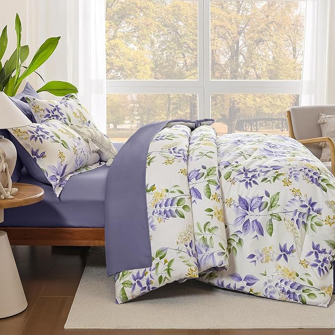 Cottolester Queen Comforter Set- 7 Pieces Floral Comforter Bed in A Bag,Purple Green Botanical Comforter Set with Pillowcases,Soft Microfiber Complete Bedding Sets for All Season