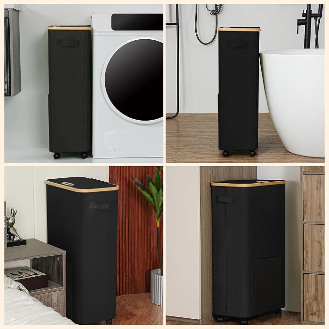 Laundry Basket with Wheels, Dirty Clothes Hamper on Wheels, Rolling Tall Laundry Hamper with lid for Laundry Room, Dorm and Bathroom, 75L Black - Image 7