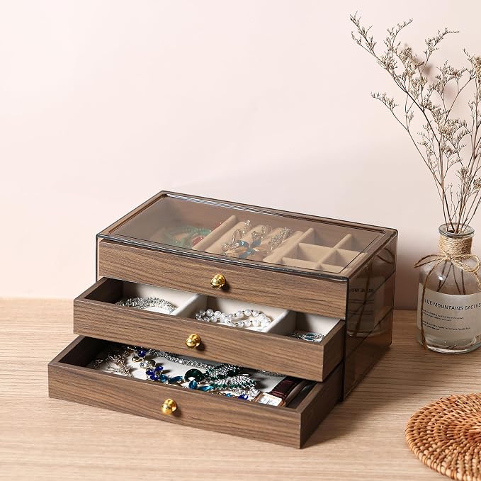 CLUQMEIK 3 Layer Acrylic Case Wooden Drawer Jewelry Organizer with Velvet Lining, Jewelry Box for Women and Girls to Store Rings Earrings Bracelets Necklaces（B） - Image 7