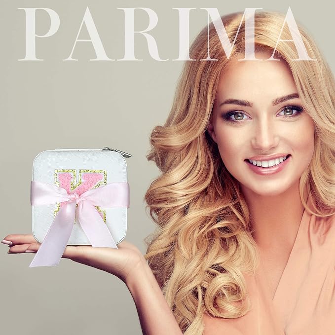 Parima White Jewelry Box for Women - Personalized Travel Chenille Letter Patches Jewelry Case, Multifunctional, Includes Ring Holder, Necklace Pocket - Ideal Birthday Gift - Image 4