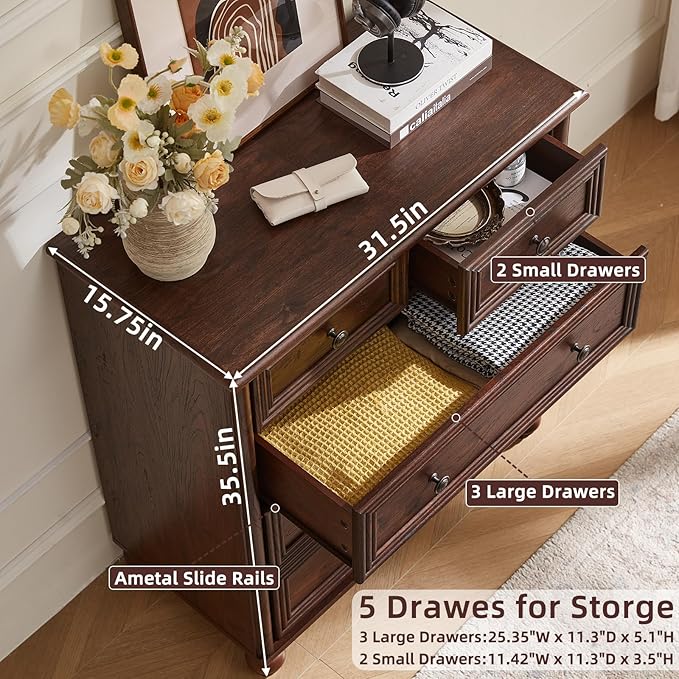 RWYHG Farmhouse 5 Drawer Dresser Set of 2 for Bedroom, 35.5" Walnut Tall Small Dressers & Chest of Drawers, Rustic Wood Dresser with Roman Column, Storage Organizer for Living Room, Hallway, Closet
