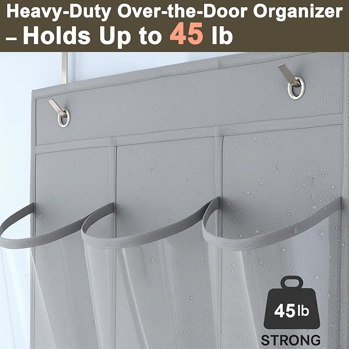 Over The Door Shoe Organizer - Space Saving Shoe Rack for Closet Door with 24 Crystal Clear Pockets and Metal Hooks, Shoe Holder Back of Door Organizers for Shoes, Gray Hanging Shoe Organizer (Gray) - Image 5