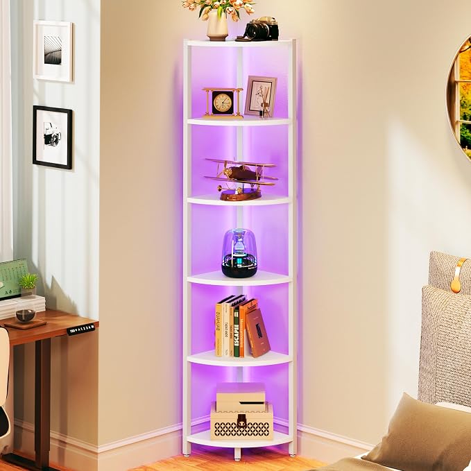 Corner Shelf with LED Lights, 6-Tier Corner Bookshelf, 66'' Organizer Book Shelf Shelves Steel Frame Display Stand with Living Room, Bedroom, Study, White - Image 6
