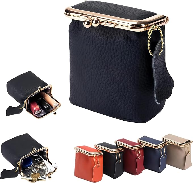 Genuine Leather Mini Jewelry Box & Vintage Wallet for Women - Compact Travel Coin Purse, Lipstick Storage Organizer, Retro Leather Clutch Case (Black) by Unknown