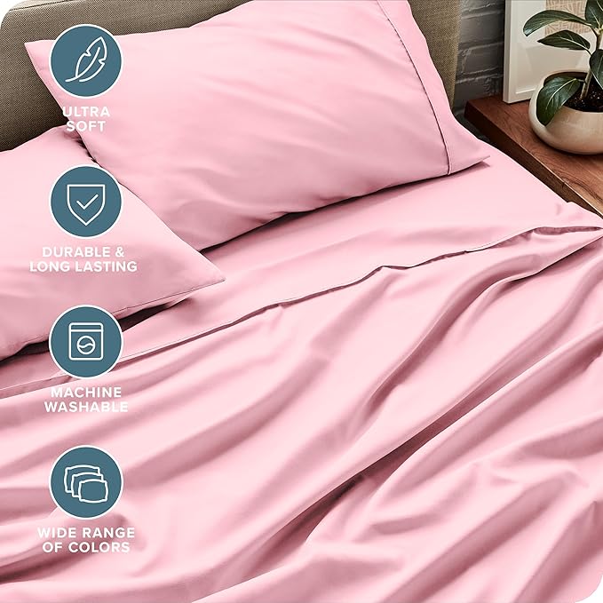 Bare Home Twin XL Sheet Set - 1800 Ultra-Soft Microfiber Twin Extra Long Bed Sheets - Double Brushed - Deep Pockets - Easy Fit - 3 Piece Set - Bedding Sheets & Pillowcases (Twin XL, Light Pink)
