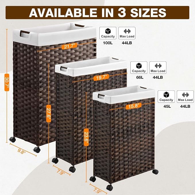 Greenstell Laundry Hamper with Wheels, 11.9 Gallon (45L) Small Clothes Hamper with 2 Removable Liner Bags & 2 Mesh Bags, Slim Rattan Laundry Basket for Bathroom, Bedroom, Brown - Image 8