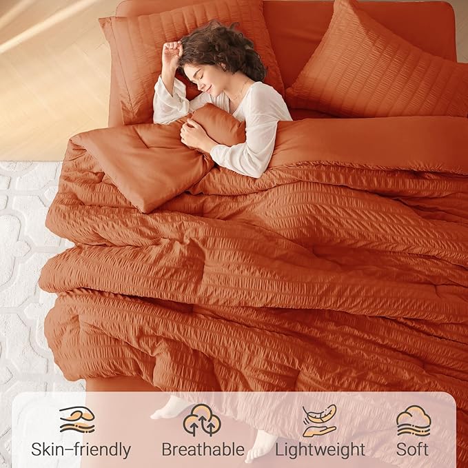 MUXHOMO 5 Pieces Twin XL Comforter Set, Seersucker Bed in a Bag Twin XL Size, All Season Luxury Bedding Set with Comforter, Flat Sheet, Fitted Sheet, Pillowcase & Sham, Burnt Orange