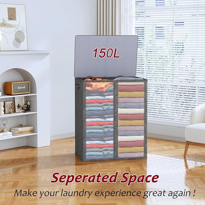 150L Laundry Hamper 2 Section, Large Laundry Hamper with Lid, Dirty Clothes Hamper with 2 Removable Inner Bags, Collapsible Laundry Basket Organizer for for Clothes Toys Towels, Hamper 2 Compartment - Image 4