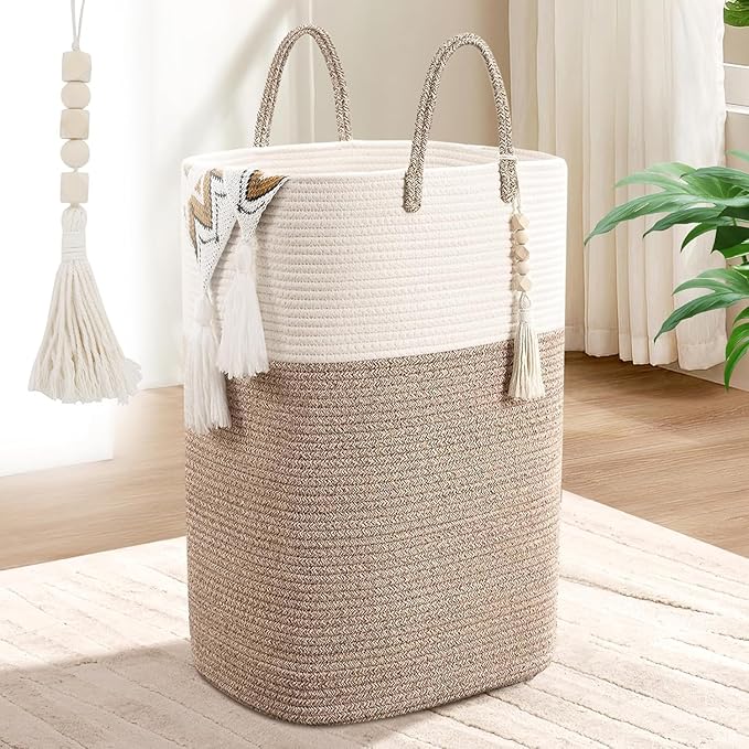 Woven Laundry Basket for Clothes, 50L Large Rectangle Laundry Hampers with Beads Tassel, Nursery Storage Basket for Toys, Tall Dirty Clothes Hamper for Bedroom Aesthetic, Laundry Room Organization by WENMER