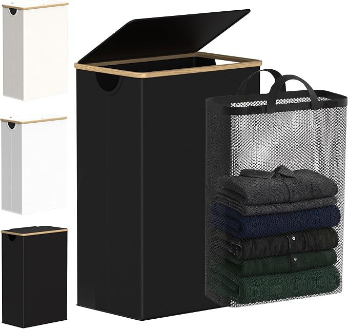 efluky Slim Laundry Basket with Lid, Narrow Laundry Hamper with Removable Bag, Skinny Dirty Clothes Basket with Bamboo Handles for Bathroom, Bedroom & Laundry Room, 90L Black by efluky