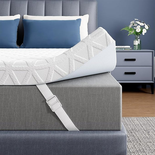 ELEMUSE 2 Inch Gel Memory Foam Mattress Topper Queen - Cooling Ice Silk Removable & Washable Cover, Mattress Topper for Back Pain Relief, Adjustable Strap & Non-Slip, CertiPUR-US Certified