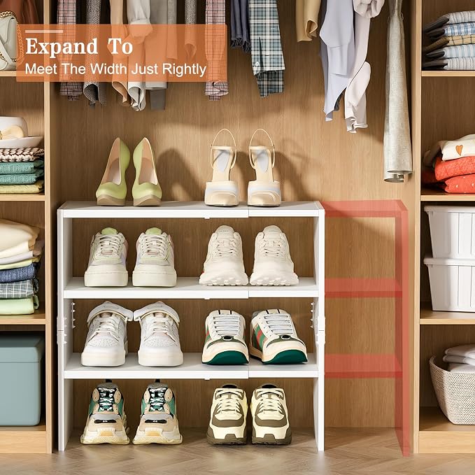 White Shoe Rack Organizer for Closet, 3-Tier Expandable Shoe Shelf, Stackable Iron Wood Combination Shoe Racks Shelves for Closets, Entryway,Small Space,Hallway,Garage,Holds 8-16 Pairs of Shoes - Image 4