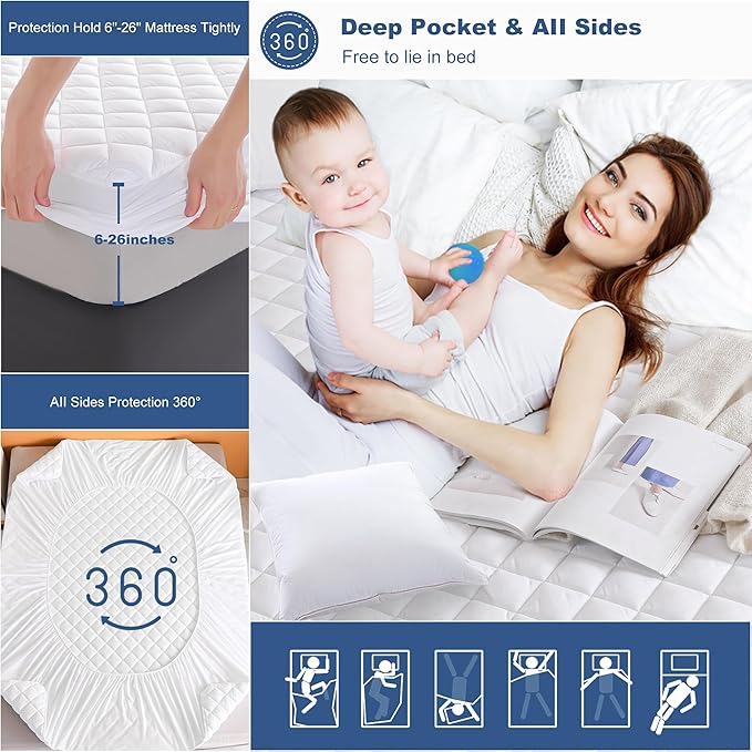 GRT Short Queen Mattress Pad, 100% Waterproof Breathable RV Short Queen Mattress Topper, Noiseless Hollow Cotton Mattress Protector, Fitted 8"-26" Deep, Dust Proof (60×75)