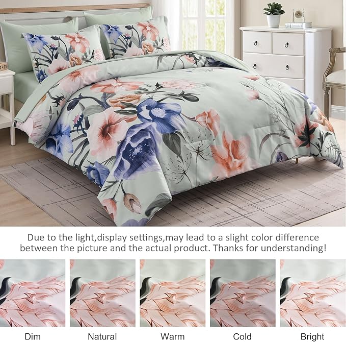 Luxudecor Floral Comforter Set King Size 7 Piece, Green Flower Bed in a Bag, Elegant Comforter Bedding Set for All Season (Green, 104"x90")