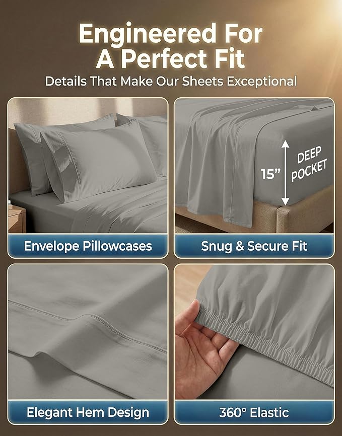 LANE LINEN Queen Size Sheet Set – 600 Thread Count Natural 100% Cotton Breathable Sheets, Durable Bedding for Daily Use, Fade Resistant, Snug Fit 15" Deep Pocket Fitted Sheet – Silver