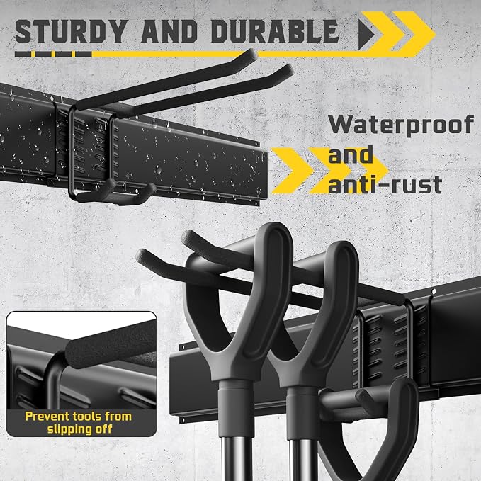 48" Garage Tool Organizer Wall Mount, 660lbs Heavy Duty Steel Garden Tool Storage Rack with 9 Adjustable Hooks for Yard, Shed, Garage (3 Racks, 9 Hooks, 2 Straps) - Image 4