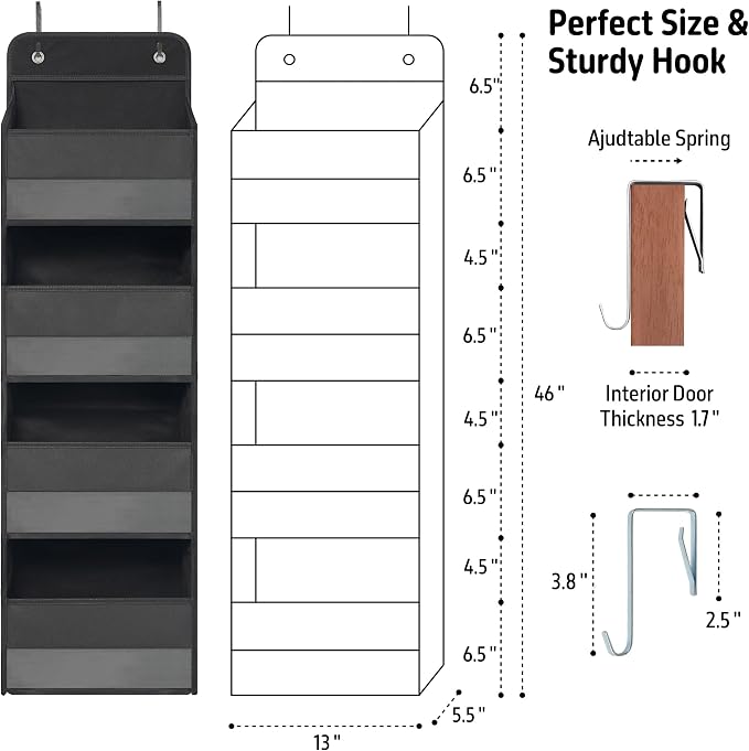 TYMENSH Over The Door Hanging Organizer with 4 Large Pockets – Closet, Bathroom, Nursery, Bedroom, Dorm Storage for Toys, Cosmetics, and Baby Essentials, Black - Image 3