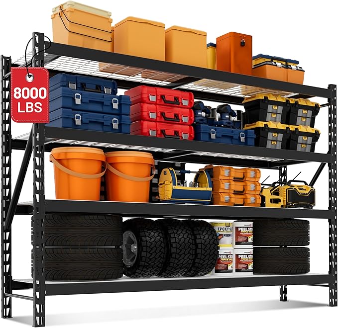 WORKPRO 77" Garage Shelving Unit, 8000LBS Heavy Duty Metal Storage Rack, Extra Wide Adjustable 4-Tier Shelves for Warehouse, Basement, and Garage, 77" W X 24" D X 72" H, Black by WORKPRO