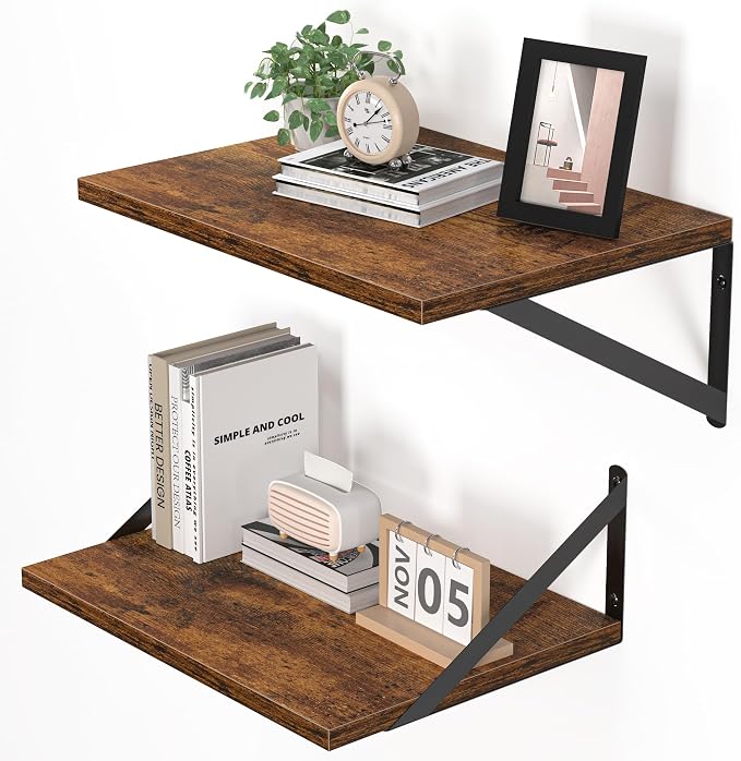 Heimlove Deep Floating Shelves for Wall, 16W x 12D Wood Wall Shelves Set of 2, Wide Floating Bookshelf for Living Room, Kitchen, Office, Bedroom and Decor Storage, with Metal Bracket - Rustic Brown by Heimlove