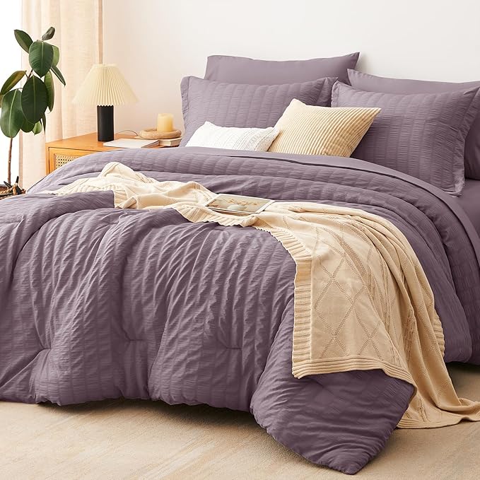 CozyLux Queen Comforter Set Dusty Purple Seersucker 7 Pieces Bed in a Bag Queen Comforter Set with Sheets, Grayish Purple Luxury Bedding Sets Down Alternative Comforter, Sheets, Pillowcases & Shams