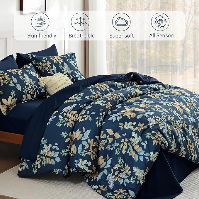 Cottolester Navy Blue Comforter Set King Size Floral 7-Piece Bedding Set,Botanical Comforter Set with Pillowcases,Soft Microfiber Complete Bedding Sets for All Season