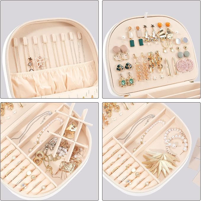 ProCase Travel Size Jewelry Box, Large Portable Seashell-Shaped Jewelry Case, 2 Layer Jewelry Organizer in PU Leather for Women -White - Image 3