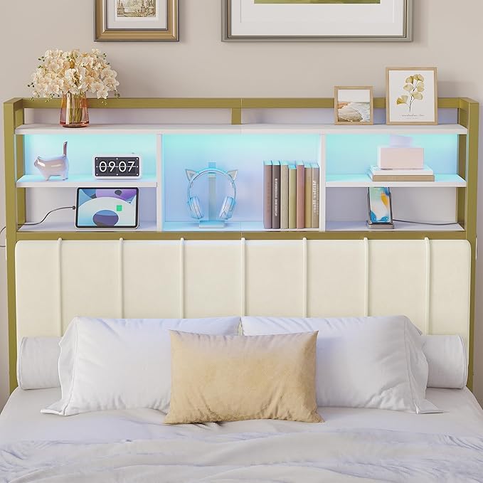 Hzuaneri Headboard with 3-Tier Storage Shelves, Velvet Upholstered Head Board with 2 Outlets, USB Ports & LED Light, Soft Backrest for Full Size Bed, White and Gold BH13803A